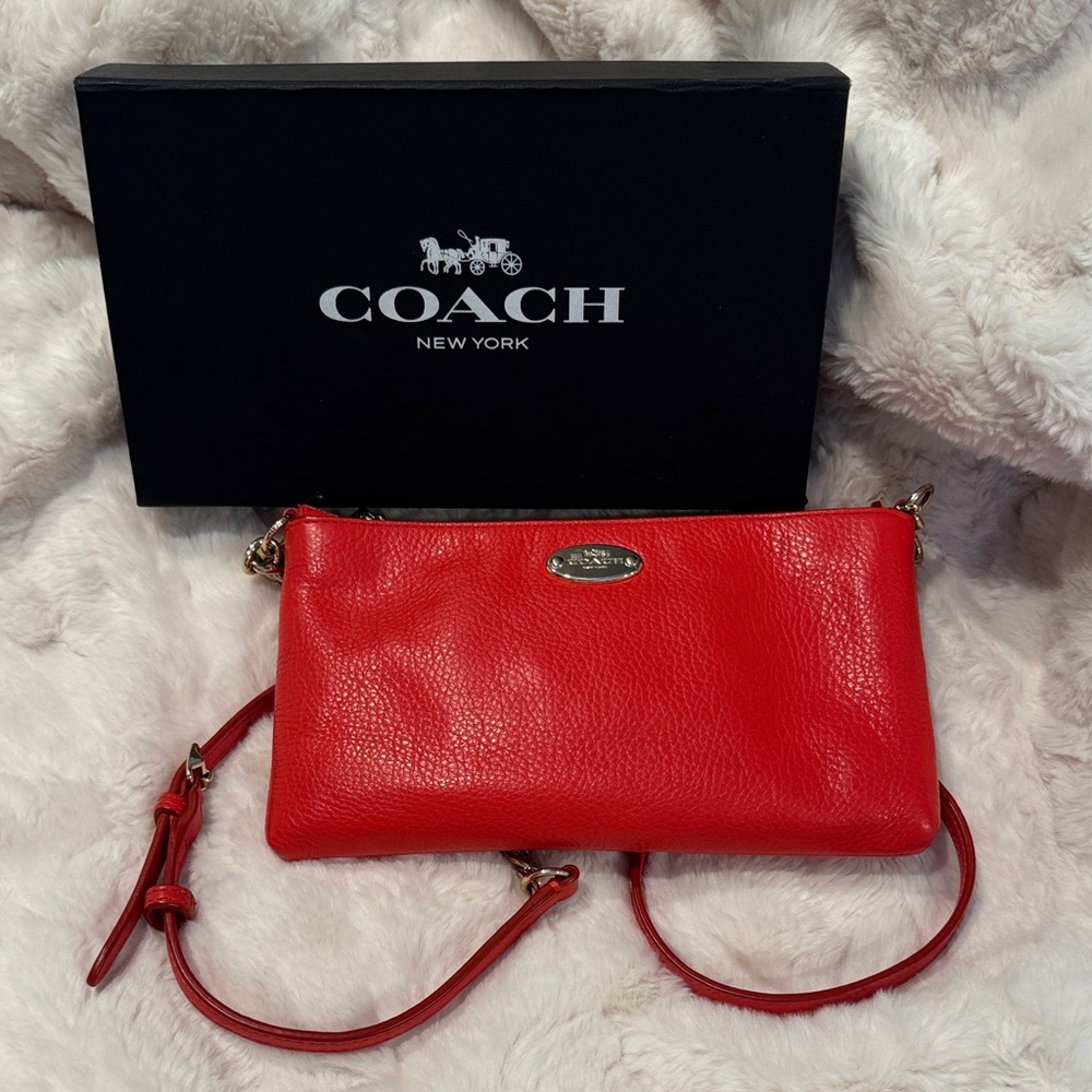 Coach Watermelon Red / Coral / Berry color Crossbody Bag.  Vibrant gold hardware